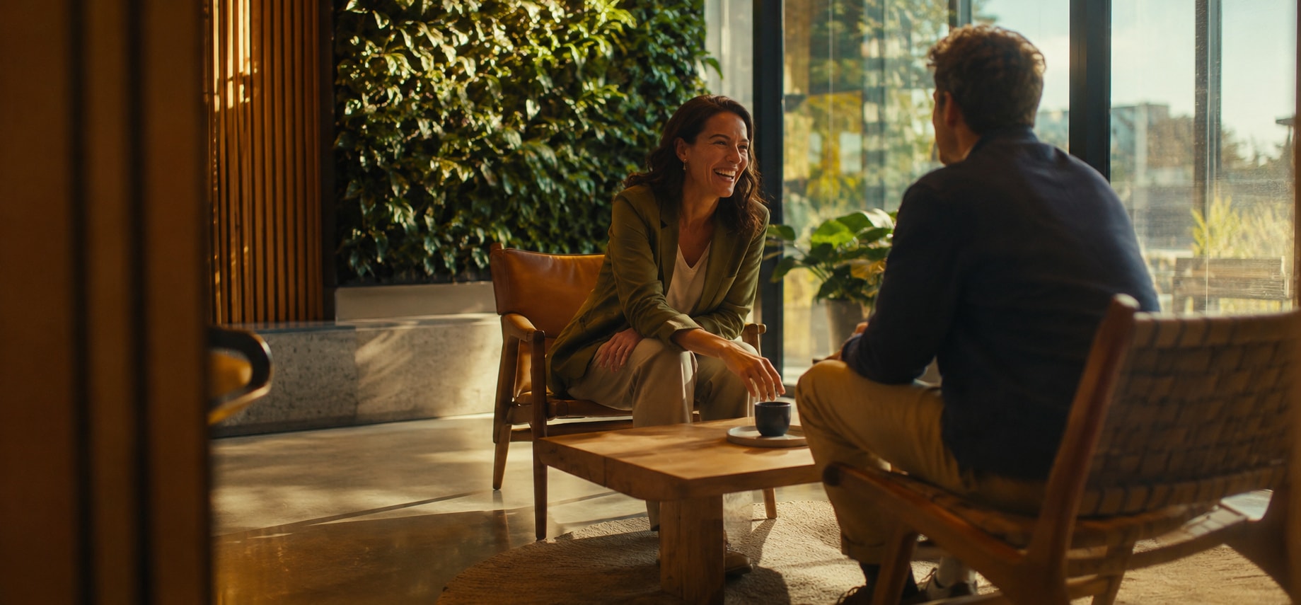 A recruiter and a client shake hands over coffee.