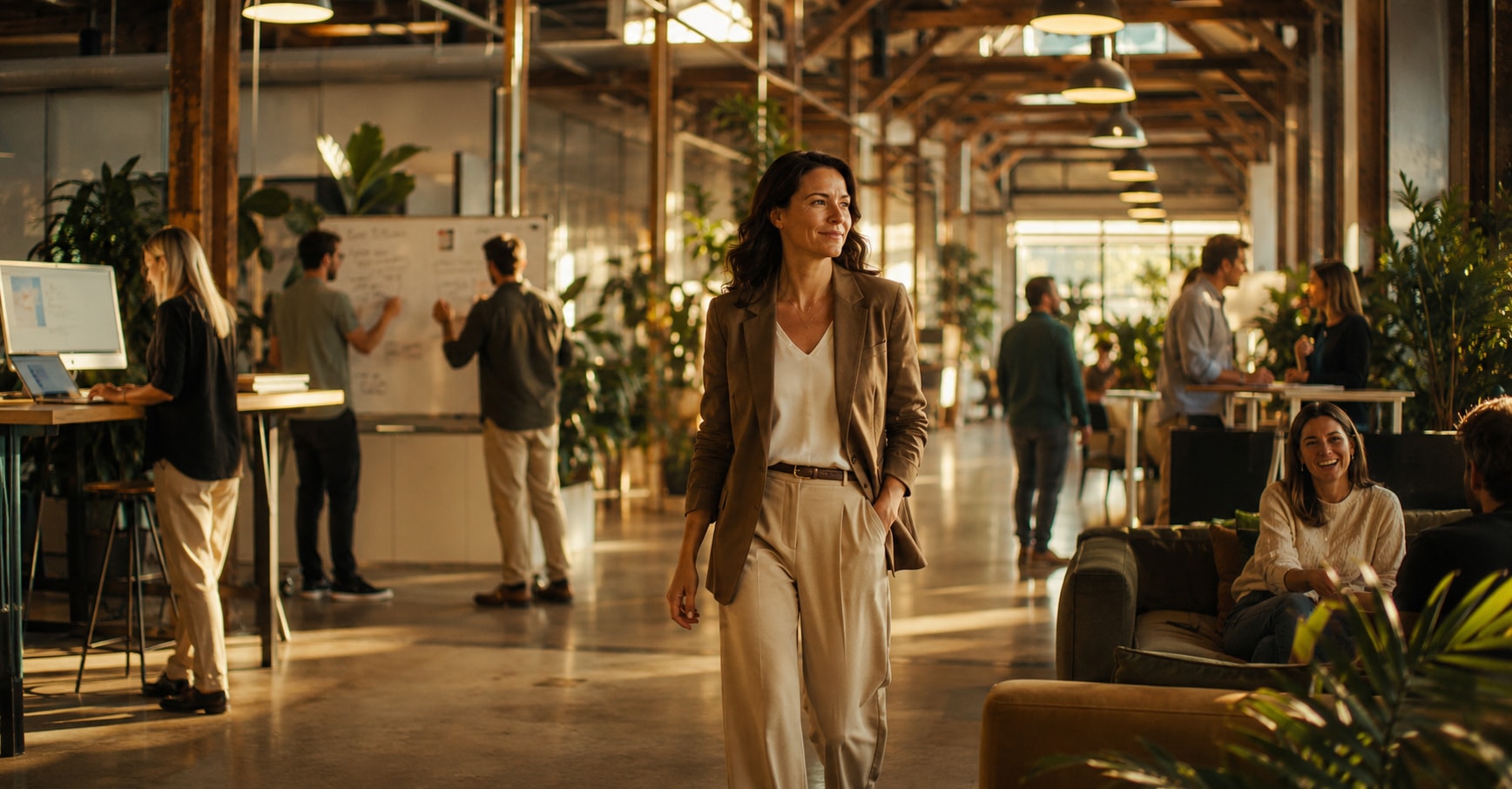 A recruiter works at a desk by a bright window.