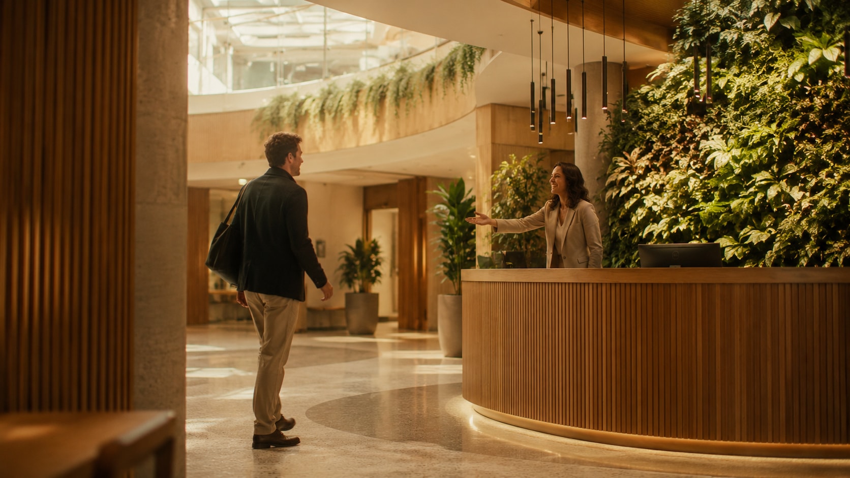 A team gathers in a bright office lobby.