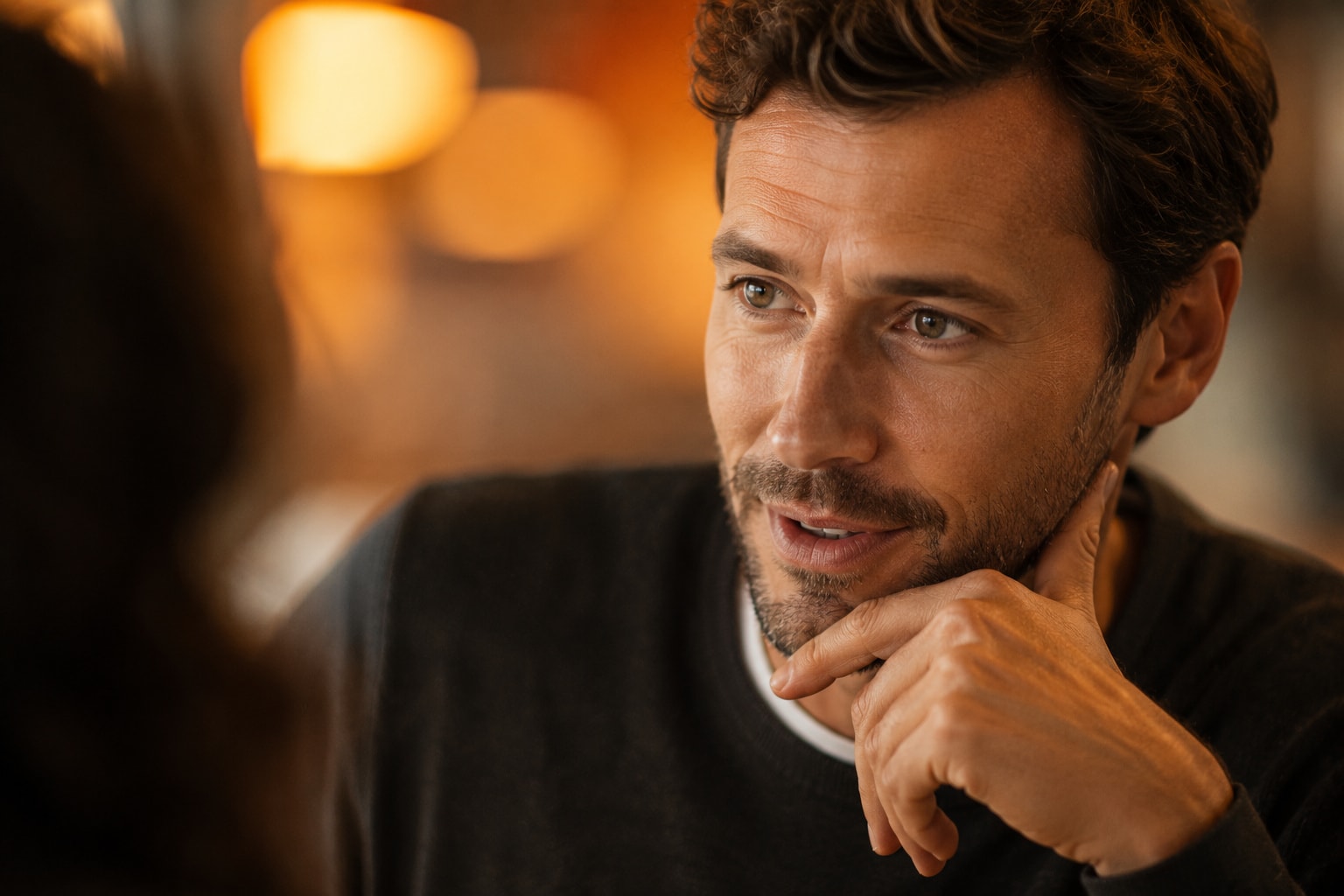 A candidate listens during an interview.