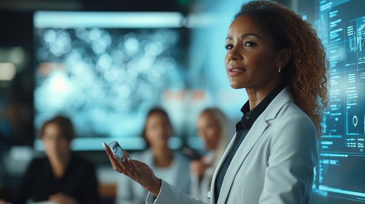 Businesswoman presenting scoring data and metrics